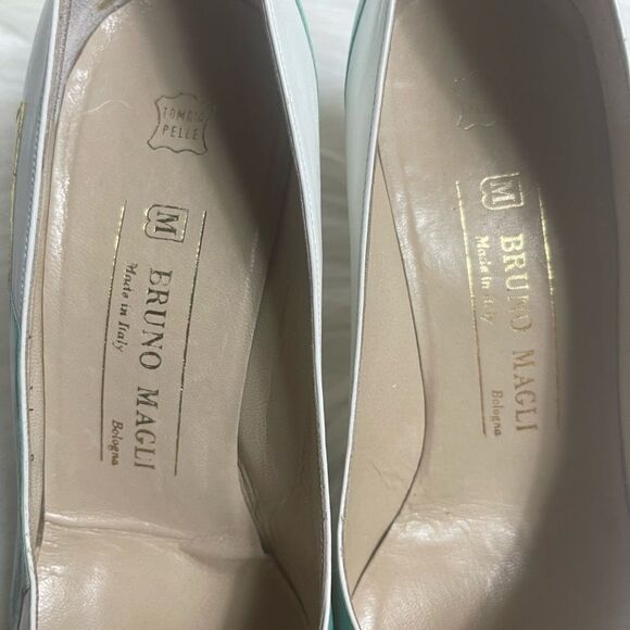 Bruno Magli leather multi color patchwork slip on heels peep toe size 7.5 - Picture 8 of 9